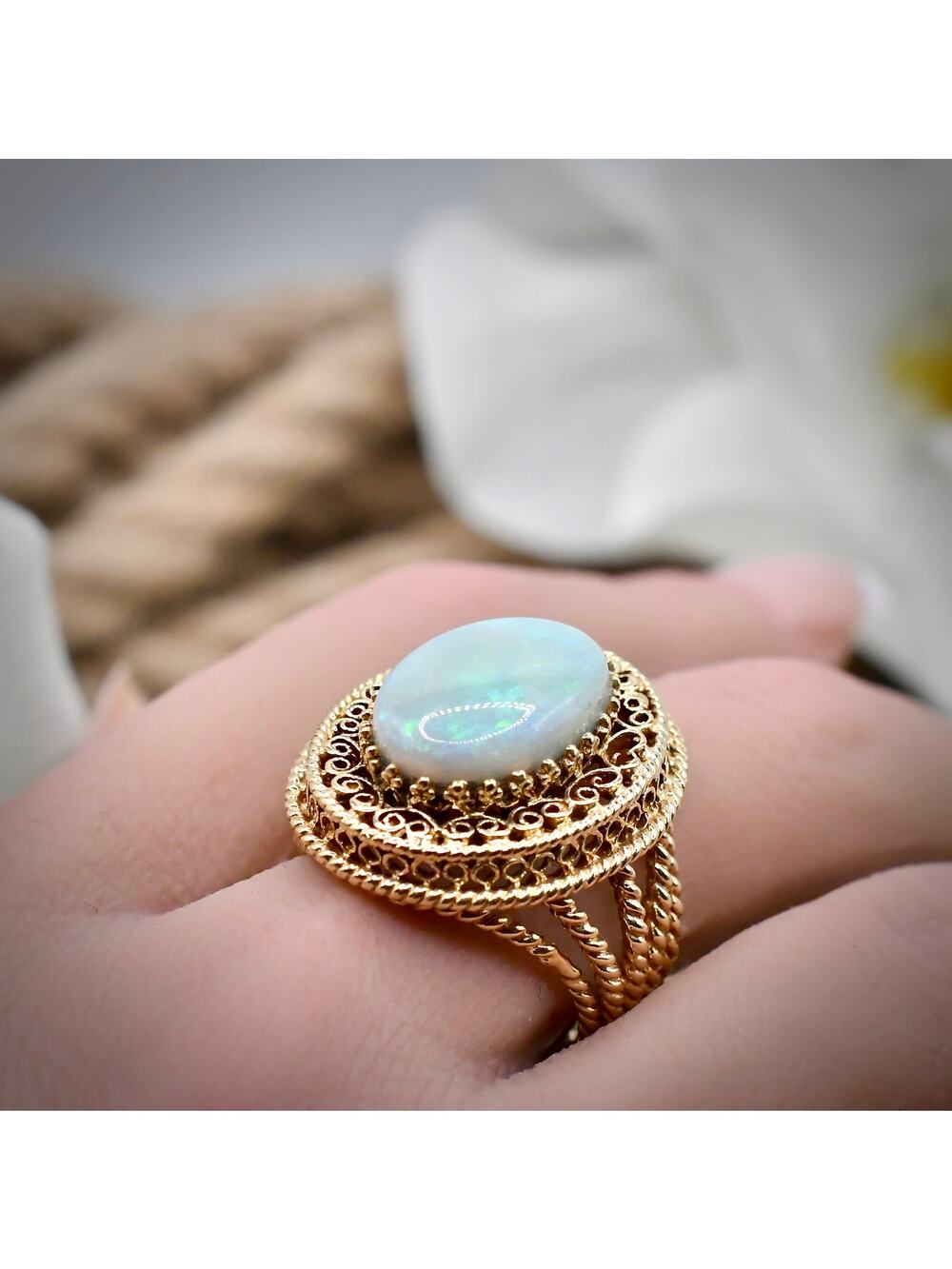 10g Estate 14K Gold Etruscan Revival Ring 5ct+ Green Fire N5 Dark Opal Vintage